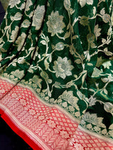 Bottle Green and Red pure banarasi georgette silk saree with muted gold water zari — Kaash Collection
