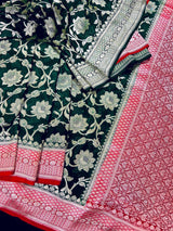 Bottle Green and Red pure banarasi georgette silk saree with muted gold water zari — Kaash Collection