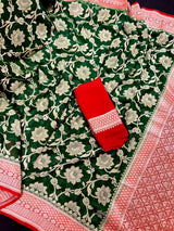 Bottle Green and Red pure banarasi georgette silk saree with muted gold water zari — Kaash Collection