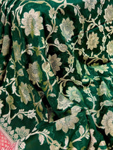 Bottle Green and Red pure banarasi georgette silk saree with muted gold water zari — Kaash Collection