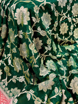 Bottle Green and Red Color Pure Georgette Silk Saree with Muted Gold Water Zari | Floral Jaal Saree | SILK MARK CERTIFIED - Kaash