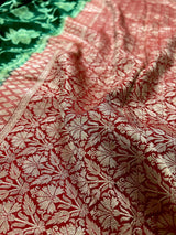 Bottle Green and Red Color Pure Georgette Silk Saree with Muted Gold Water Zari | Floral Jaal Saree | SILK MARK CERTIFIED - Kaash