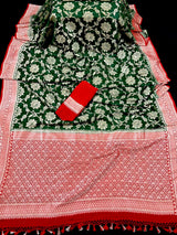 Bottle Green and Red Color Pure Georgette Silk Saree with Muted Gold Water Zari | Floral Jaal Saree | SILK MARK CERTIFIED - Kaash