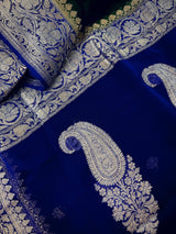Bottle Green and Royal Blue pure banarasi chiffon silk saree with silver zari weave — Kaash Collection
