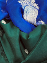 Bottle Green and Royal Blue pure banarasi chiffon silk saree with silver zari weave — Kaash Collection