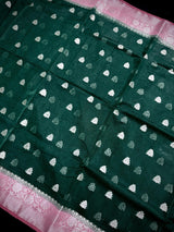 Bottle Green with Dusty Pink Border banarasi semi-kora saree with silver zari with dusty pink border — Kaash Collection