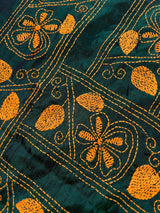 Bottle Green Bangalori Silk Saree with Yellow Thread Hand Kantha Stitch | Handwoven Kantha Stitch Sarees | Kantha Saress | Bengal Sarees - Kaash