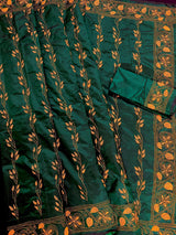 Bottle Green Bangalori Silk Saree with Yellow Thread Hand Kantha Stitch | Handwoven Kantha Stitch Sarees | Kantha Saress | Bengal Sarees - Kaash