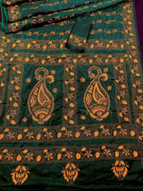 Bottle Green Bangalori Silk Saree with Yellow Thread Hand Kantha Stitch | Handwoven Kantha Stitch Sarees | Kantha Saress | Bengal Sarees - Kaash