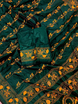 Bottle Green Bangalori Silk Saree with Yellow Thread Hand Kantha Stitch | Handwoven Kantha Stitch Sarees | Kantha Saress | Bengal Sarees - Kaash