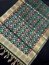Bottle Green Semi Banarasi Floral dupatta in semi banarasi soft silk with floral jaal with meenakari & muted gold zari — Kaash Collection