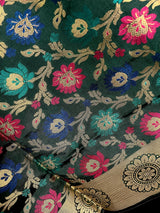 Bottle Green Color Banarasi Silk Dupatta - Floral Jaal with Meenakari - Muted Gold Zari Weaving Dupatta - Dupatta Gift For Her - Kaash