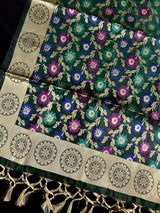 Bottle Green Color Banarasi Silk Dupatta with Floral Jaal with Meenakari - Muted Gold Zari Weaving Dupatta - Dupatta Gift For Her - Kaash