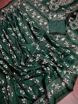 Bottle Green with White Kantha hand Kantha stitch saree on Bangalori silk — Kaash Collection