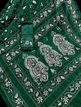Bottle Green Kantha Stitch Banarasi saree in bangalori silk with hand kantha stitch in white thread — Kaash Collection
