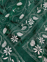 Bottle Green Kantha Stitch Banarasi saree in bangalori silk with hand kantha stitch in white thread — Kaash Collection