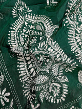 Bottle Green Kantha Stitch Banarasi saree in bangalori silk with hand kantha stitch in white thread — Kaash Collection