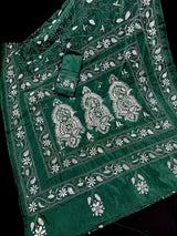 Bottle Green Kantha Stitch Banarasi saree in bangalori silk with hand kantha stitch in white thread — Kaash Collection