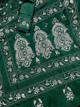 Bottle Green Kantha Stitch Banarasi saree in bangalori silk with hand kantha stitch in white thread — Kaash Collection