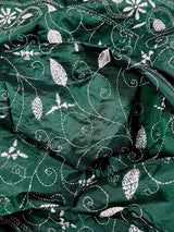 Bottle Green Color Bangalori Silk Saree with Hand Kantha Stitch - Handwoven Kantha Stitch Sarees - Kantha Saree - Kaash