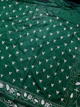 Bottle Green Color Bangalori Silk Saree with Hand Kantha Stitch - Handwoven Kantha Stitch Sarees - Kantha Saree - Kaash