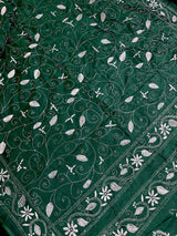 Bottle Green Color Bangalori Silk Saree with Hand Kantha Stitch - Handwoven Kantha Stitch Sarees - Kantha Saree - Kaash