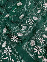 Bottle Green Color Bangalori Silk Saree with Hand Kantha Stitch - Handwoven Kantha Stitch Sarees - Kantha Saree - Kaash