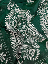 Bottle Green Color Bangalori Silk Saree with Hand Kantha Stitch - Handwoven Kantha Stitch Sarees - Kantha Saree - Kaash