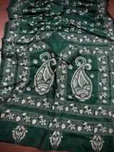Bottle Green Color Bangalori Silk Saree with Hand Kantha Stitch | Handwoven Kantha Stitch Sarees | Kantha Saress | Bengal Sarees - Kaash