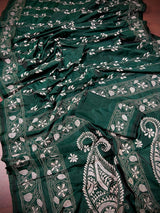 Bottle Green Color Bangalori Silk Saree with Hand Kantha Stitch | Handwoven Kantha Stitch Sarees | Kantha Saress | Bengal Sarees - Kaash