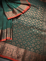 Bottle Green with Red Borders saree in bengal linen silk handloom with floral buttis with copper zari weaving — Kaash Collection
