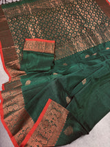 Bottle Green with Red Borders saree in bengal linen silk handloom with floral buttis with copper zari weaving — Kaash Collection