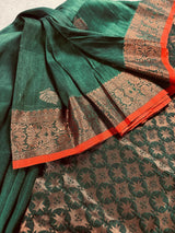 Bottle Green with Red Borders saree in bengal linen silk handloom with floral buttis with copper zari weaving — Kaash Collection