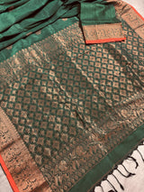 Bottle Green with Red Borders saree in bengal linen silk handloom with floral buttis with copper zari weaving — Kaash Collection