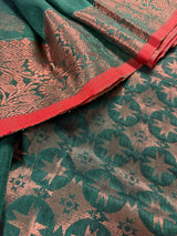 Bottle Green with Red Borders saree in bengal linen silk handloom with floral buttis with copper zari weaving — Kaash Collection