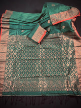 Bottle Green with Red Borders saree in bengal linen silk handloom with floral buttis with copper zari weaving — Kaash Collection