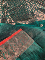 Bottle Green with Red Borders saree in bengal linen silk handloom with floral buttis with copper zari weaving — Kaash Collection