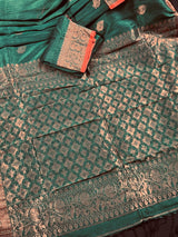 Bottle Green with Red Borders saree in bengal linen silk handloom with floral buttis with copper zari weaving — Kaash Collection