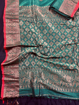 Bottle Green with Red Borders saree in bengal linen silk handloom with floral buttis with copper zari weaving — Kaash Collection