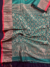 Bottle Green Color Handloom Linen Silk Saree with Red Borders and Cooper Zari Weaving | Linen Saree | Handwoven Sarees - Kaash