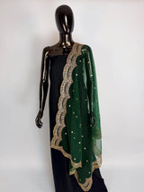 Bottle Green net dupatta with gold zari, sequin & beads — Kaash Collection