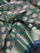 Bottle Green with Blue Patti Banarasi saree in banarasi semi silk with small zari buttis with koniya design — Kaash Collection