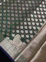 Bottle Green with Blue Patti Banarasi saree in banarasi semi silk with small zari buttis with koniya design — Kaash Collection