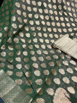 Bottle Green with Blue Patti Banarasi saree in banarasi semi silk with small zari buttis with koniya design — Kaash Collection