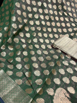 Bottle Green Color Semi Banarasi Silk Saree - Small Zari Buttis with Koniya - Kaash