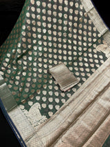 Bottle Green Color Semi Banarasi Silk Saree - Small Zari Buttis with Koniya - Kaash