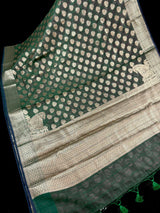 Bottle Green Color Semi Banarasi Silk Saree - Small Zari Buttis with Koniya - Kaash