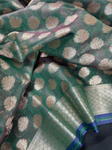 Bottle Green Color Semi Banarasi Silk Saree - Small Zari Buttis with Koniya - Kaash