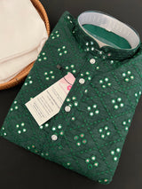 Bottle Green Dupion Silk Kurta Pajama Set for Men with Artificial Mirrors and Embroidery Work | Men Ethnic Wear | Kaash Collection Kurta Set - Kaash