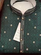 Bottle Green Men Kurta Pajama Set with Weave Work | Raw Silk Designer Men Ethnic Wear| Gift for Him | Wedding Wear | Green Kurta for Men - Kaash